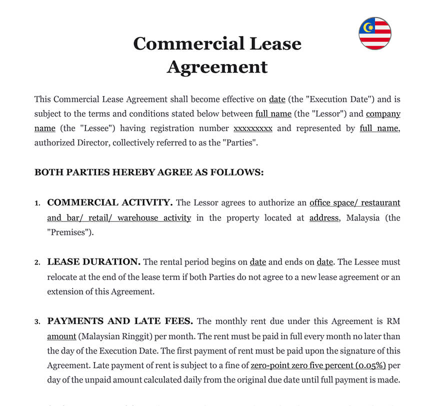 Commercial lease agreement Malaysia