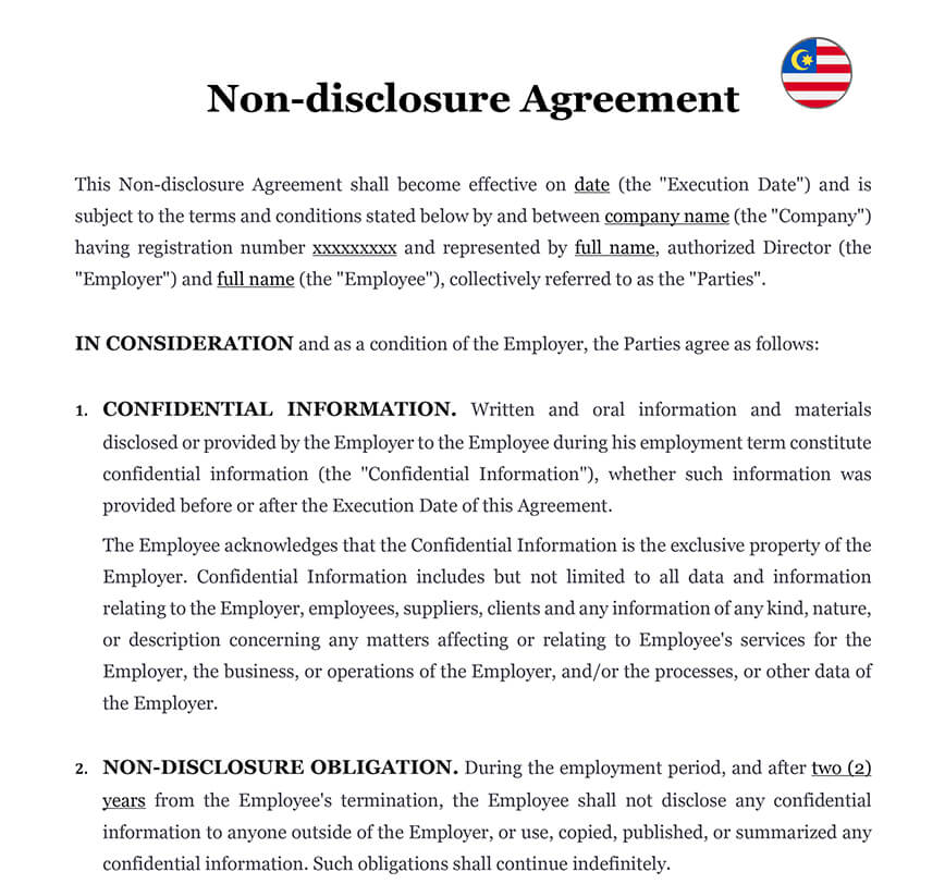 Employee confidentiality agreement Malaysia