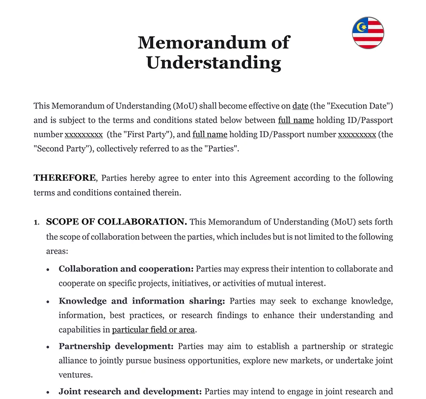 Memorandum of understanding Malaysia