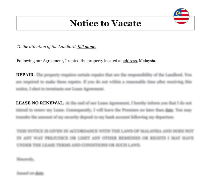 Notice to Vacate Letter in Malaysia Download Template ( doc)