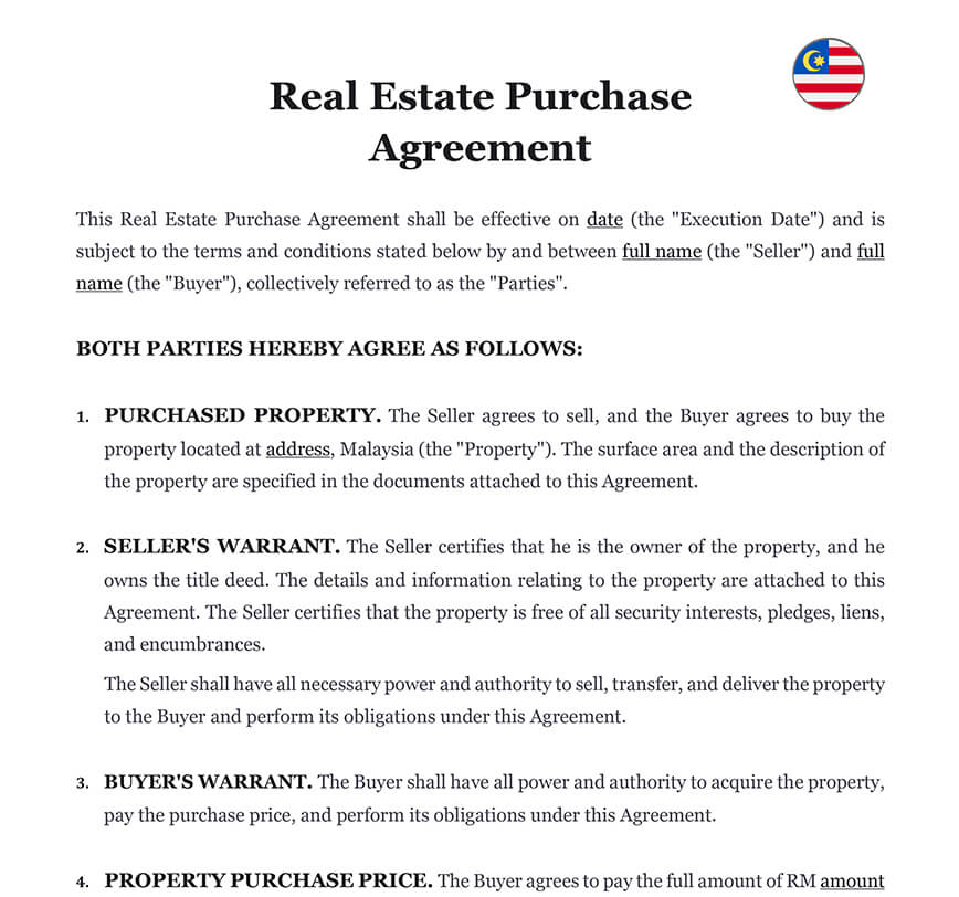 Real estate purchase agreement Malaysia