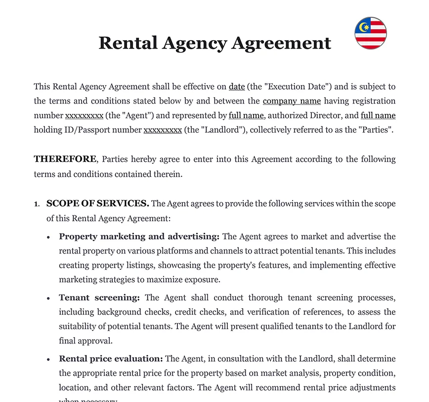 Rental agency agreement Malaysia