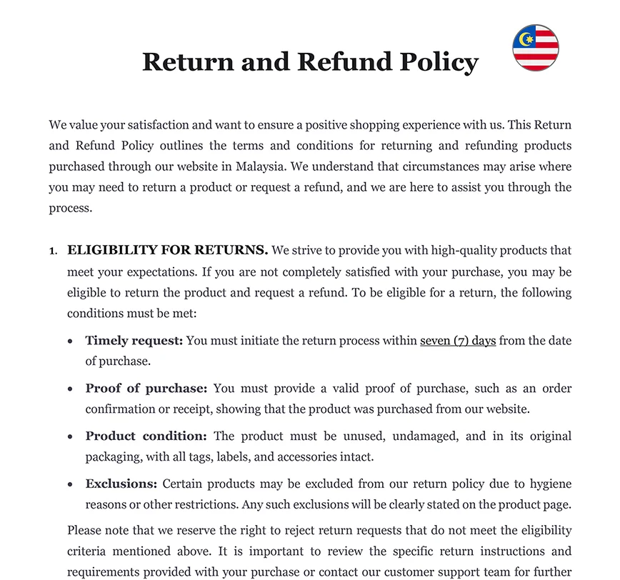 Return and refund policy Malaysia