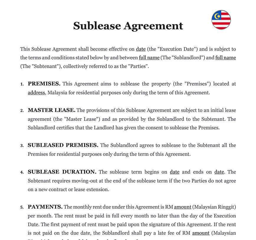 Sublease agreement Malaysia