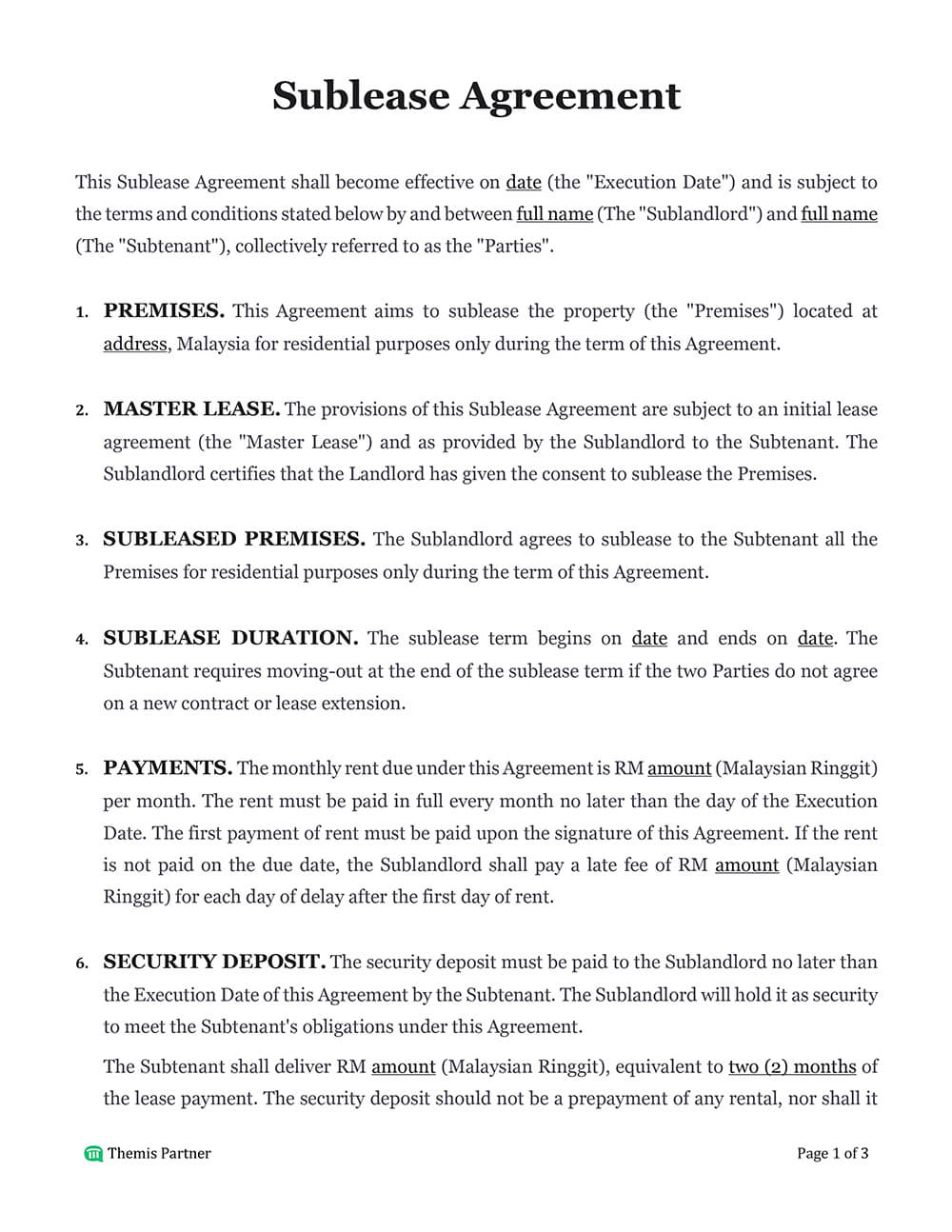 Sublease agreement template
