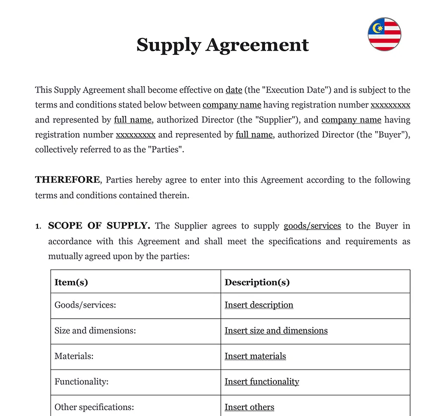 Supply Agreement Malaysia